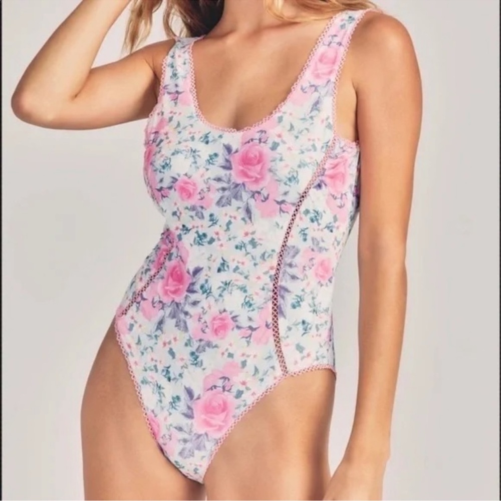 LoveShackFancy Primroseโ Pink Berry Mikkel Floral One-Piece Swimsuit Medium